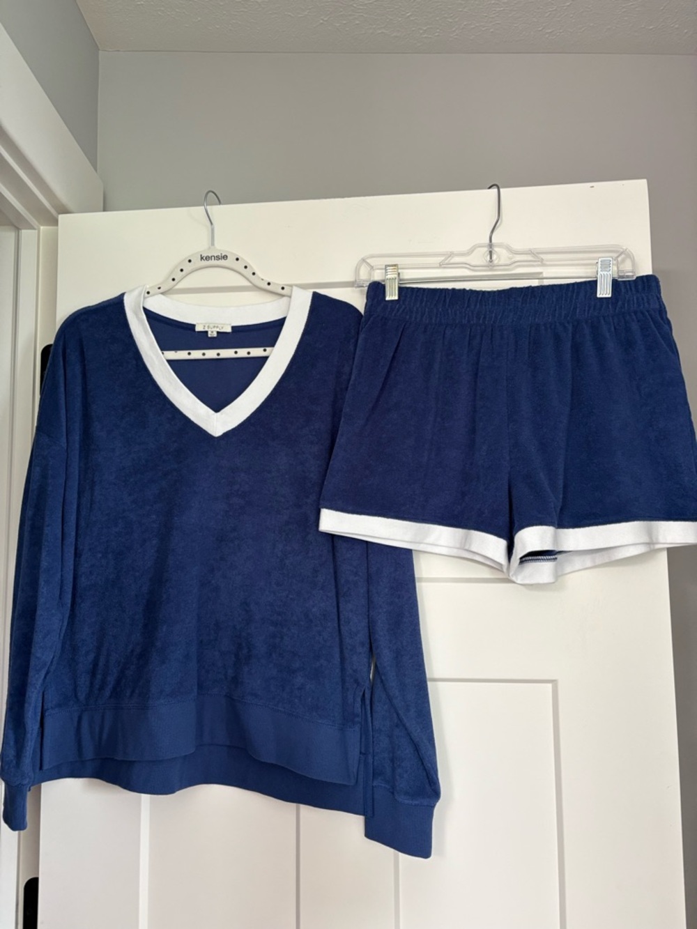 Navy Blue Terry Lounge Set with White Trim NEW